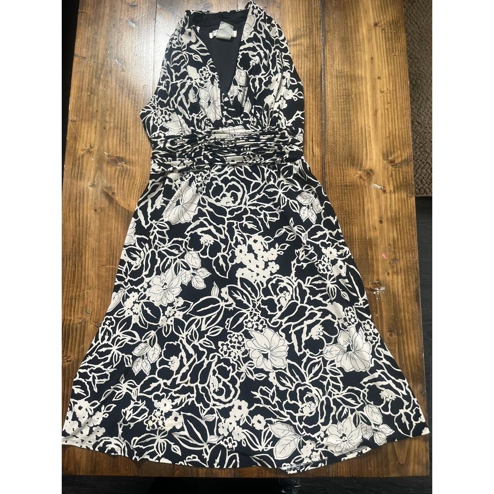 Evan-Picone Petite Black White Floral Halter V-Neck Ruched Empire Dress 14P
